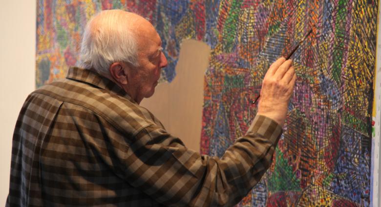 Jasper Johns working in his painting studio, Sharon Connecticut, 2013.