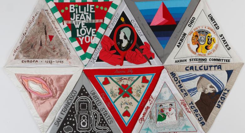 Judy Chicago triangular quilt blocks honoring female pioneers