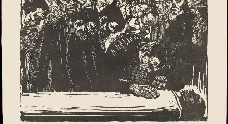 woodcut print to mourners gathering over a dead person