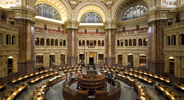 The main reading room at the Library of Congress, Thomas Jefferson Building.