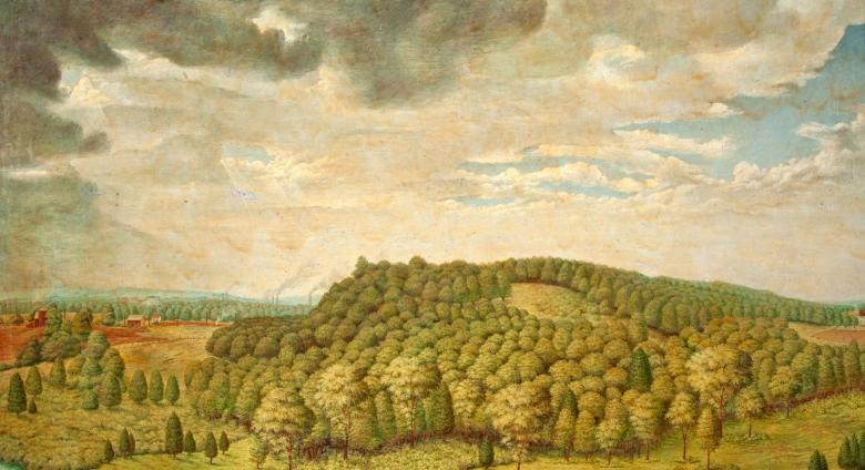 John G. Matilus landscape painting of a tree-covered grassy hill under a cloud-filled sky