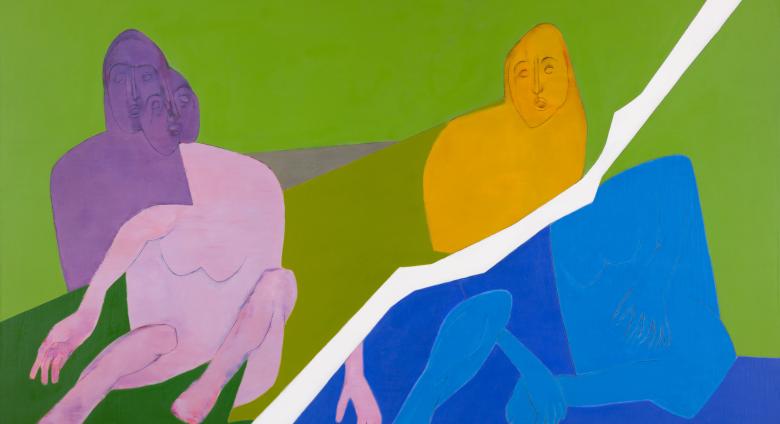 Tyeb Mehta painting of purple, yellow, and blue figures on green background