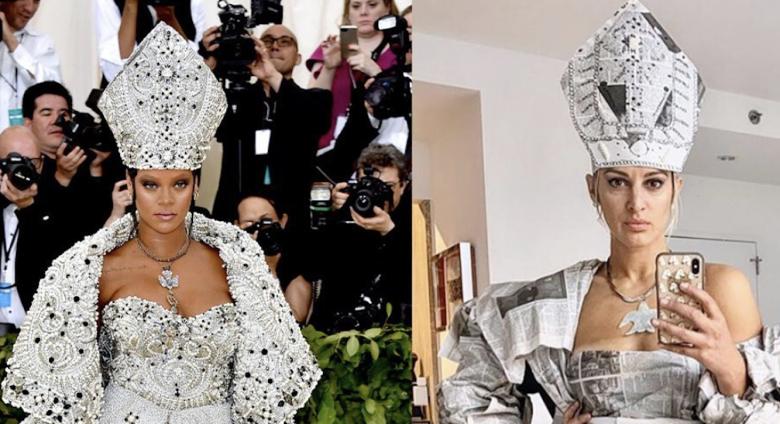 rhianna at the met gala in elaborate gown on left, on right a fan wears a gown recreated from newspaper