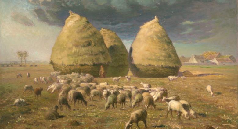 Millet painting of three haystacks with a herd of sheep set against a stormy sky