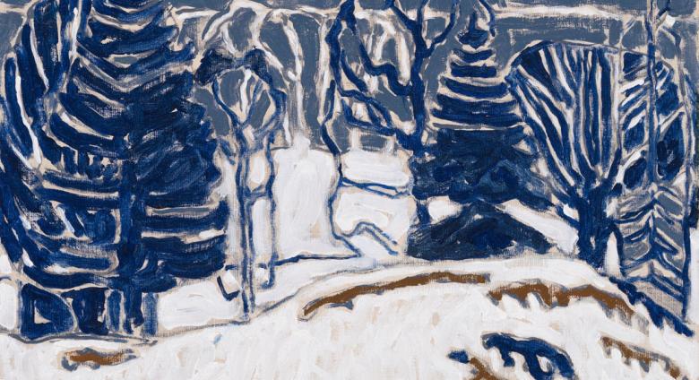 David Milne landscape painting showing white show with blue trees