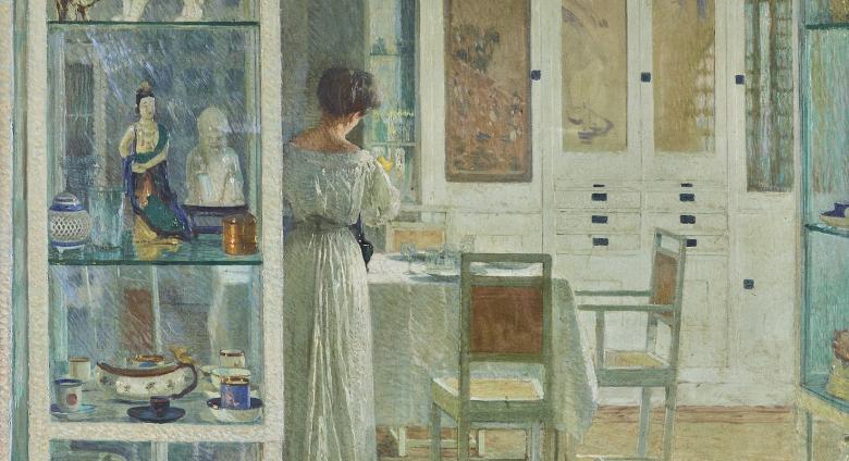 a woman stands in a bright, white interior. painted in the impressionist style