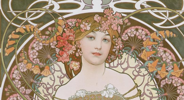 Mucha poster of a woman surrounded by flowers
