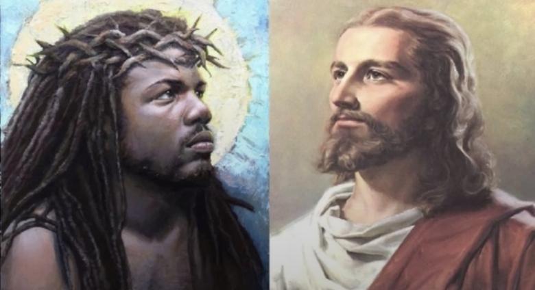 "traditional" and "unorthodox" (white and black) depictions of jesus side by side