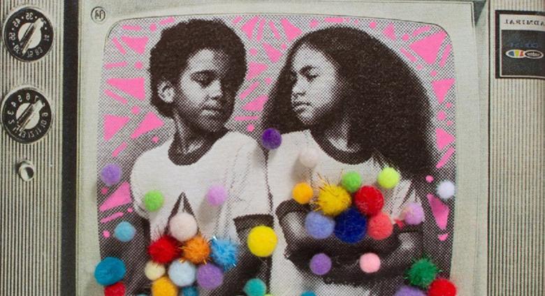 Mz Icar_Gems TV_The Untitled Space. printed image of young kids decorated with crafty sparkly puffballs