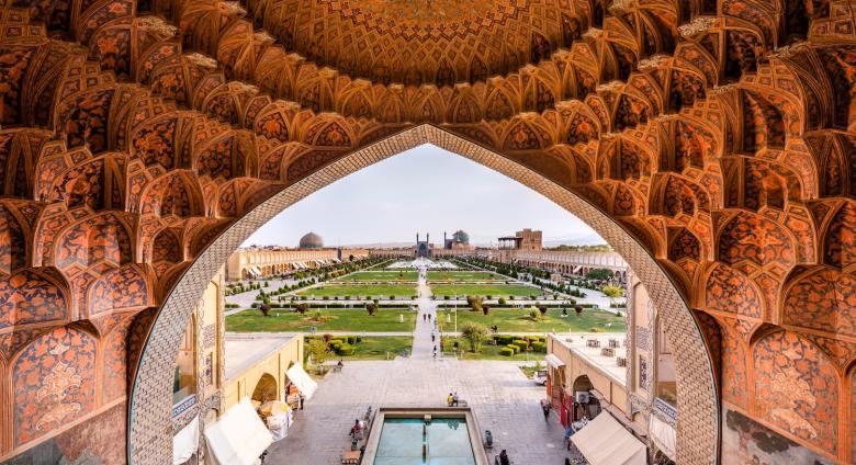 Naqsh-e Jahan Square from the Qeysariyeh Gate in Isfahan. Source.
