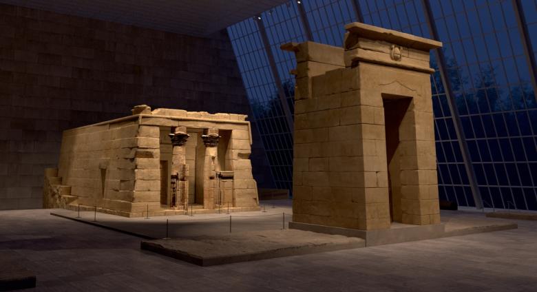 Digitally rendered view of the Temple of Dendur inside The Met at night.