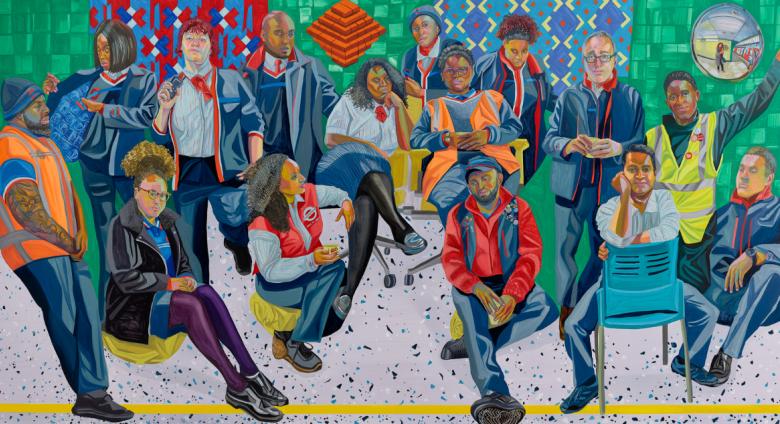 Aliza Nisenbaum large painting of many subway workers in their uniforms