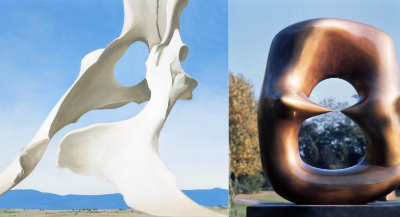 Left: Georgia O’Keeffe (1887-1986), Pelvis with the Distance, 1943. Indianapolis Museum of Art at Newfields, gift of Anne Marmon Greenleaf in memory of Caroline Marmon Fesler.  Right: Henry Moore (1898-1986), Working Model for Oval with Points, 1968-1969. The Henry Moore Foundation, Much Hadam, England, gift of the artist, 1977. 