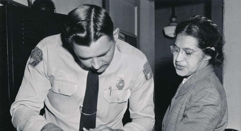 Parks being fingerprinted by Deputy Sheriff D.H. Lackey after being arrested on February 22, 1956, during the Montgomery bus boycott.jpg - Restoration (JPEG)