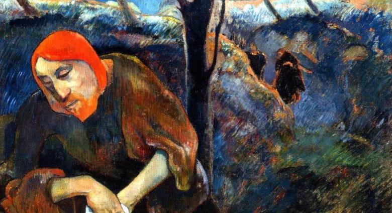 The artist as Christ sitting in the lower left corner, with characteristic red hair and facial features, looking off into the distance.