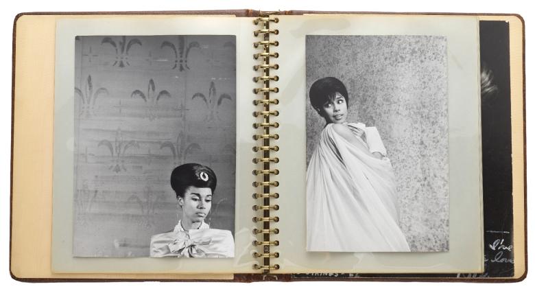 A photographic archive pertaining to the 1962 Broadway play, No Strings, a spiral notebook opened, each page has a photo of actress Diahann Carroll