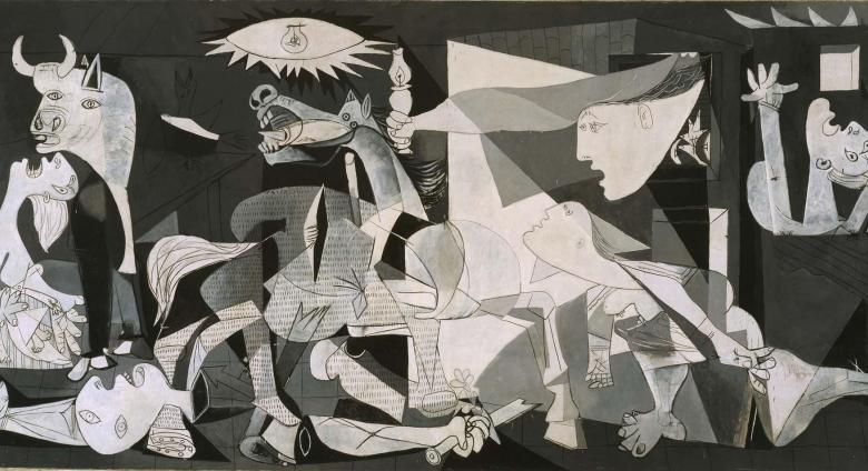 Picasso's Guernica painting in black and white with animals and people crying out in agony