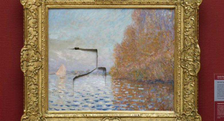 A Monet painting, Argenteuil Basin with a Single Sailboat, was purposefully punched by a visitor at the National Gallery of Ireland in Dublin. The man’s actions left three large rips in the paintings canvas. Credit: SWNS via Metro