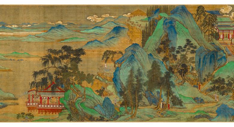 handscroll painting by qiu ying of the ming dynasty, landscape with blue mountains