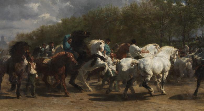 Rosa Bonheur, The Horse Fair, 1852–55. Oil on canvas. 96 1:4 x 199 1:2 in. (244.5 x 506.7 cm). The Met. Gift of Cornelius Vanderbilt, 1887. 87.25.