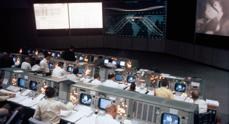 Overall view of the Mission Operations Control Room in the Mission Control Center, Building 30, during the Apollo 9 Earth-orbital mission.