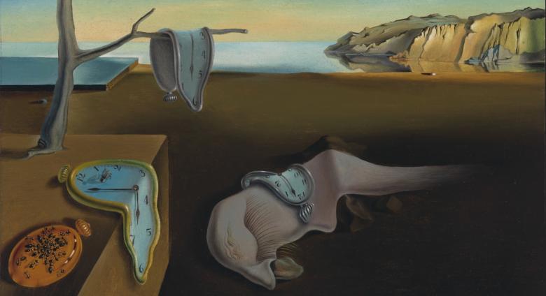Salvador Dalí's The Persistence of Memory featuring melting clocks in a desert scene. 