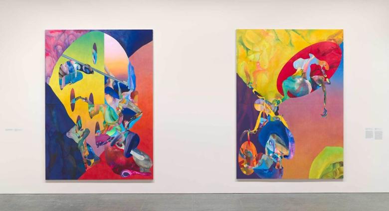 Installation view of Ilana Savdie: Radical Contractions (Whitney Museum of American Art, New York, July 14 – October 19, 2023). From left to right: Pico y placa, 2023; Tickling the Before and After, 2023. Photograph by Ron Amstutz
