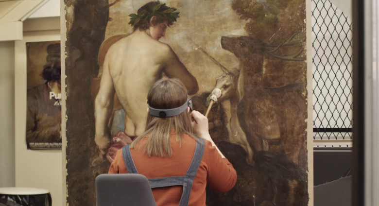 Alice Tate-Harte as she works to restore Titian's 'Orpheus Enchanting the Animals'