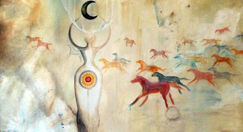 She Brings Rain And Wild Horses, 36x36 acrylic on canvas, smaller file