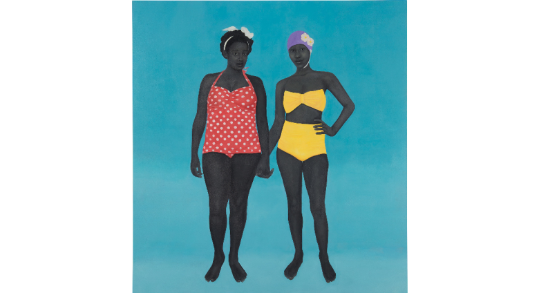 Amy Sherald painting of two black women in bathing suits standing against a blue background