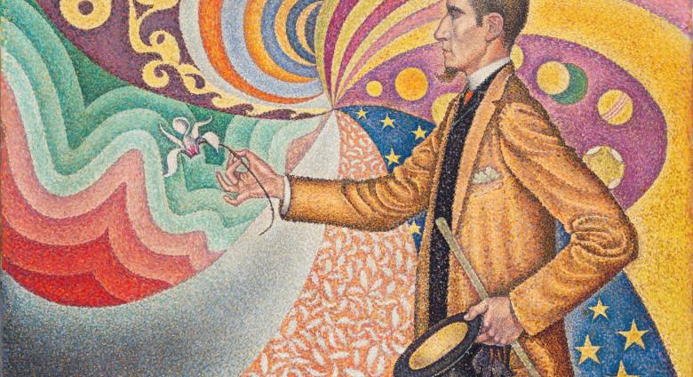 Paul Signac. Opus 217. Against the Enamel of a Background Rhythmic with Beats and Angles, Tones, and Tints, Portrait of M. Félix Fénéon in 1890.