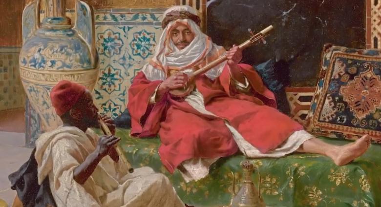 Sotheby's Shares The Visionary Delights of Orientalist Art , two men sit playing instruments, one looks directly at the viewer