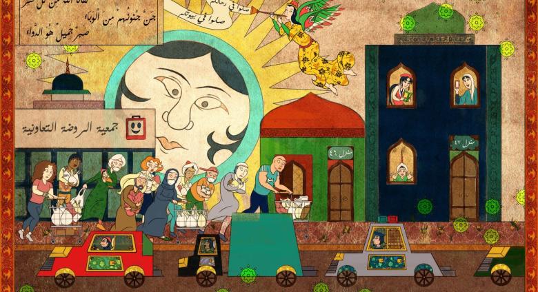 Dana Al Rashid painting of a city scene with a large face behind it