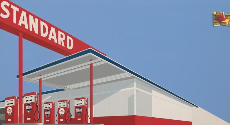 Ed Ruscha. Standard Station, Ten-Cent Western Being Torn in Half. 1964. Oil on canvas, 65 × 121 1/2” (165.1 × 308.6 cm). Private Collection. 