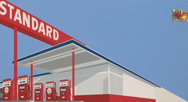 Ed Ruscha. Standard Station, Ten-Cent Western Being Torn in Half. 1964. Oil on canvas, 65 × 121 1/2” (165.1 × 308.6 cm). Private Collection. © 2023 Edward Ruscha. Photo Evie Marie Bishop, courtesy of the Modern Art Museum of Fort Worth