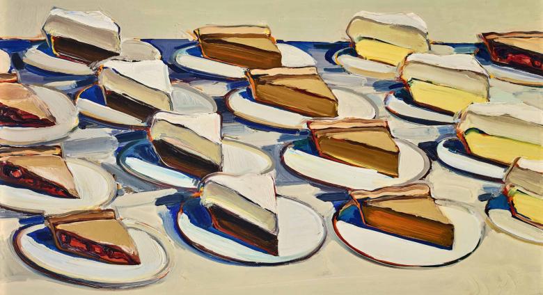 Wayne Thiebaud painting of several rows of different pie slices on white plates
