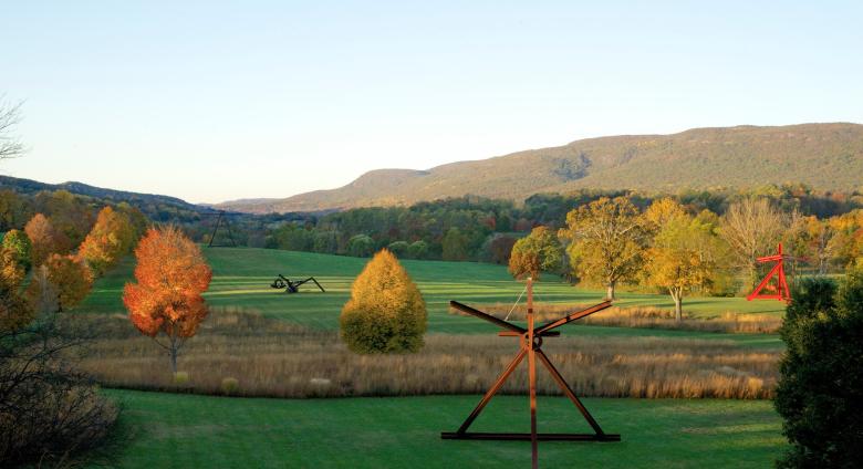photo of Storm King Art Center, a landscape with rolling green hills dotted with large sculptures