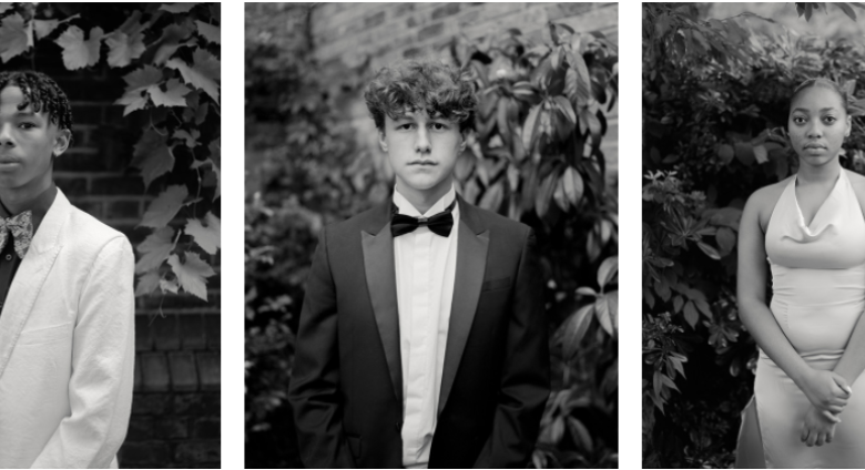three black and white portraits of young people in formal wear