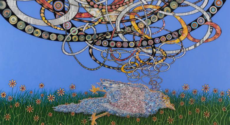 Fred Tomaselli collaged painting of a bird lying in green grass with a cloud of snake-like coils rising above it