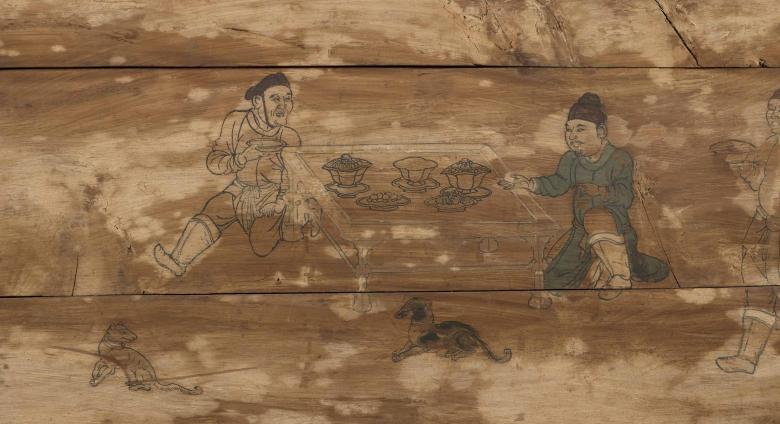 Chinese, Liao dynasty, 907–1125, Coffin box panel: Arranging an Outdoor Banquet