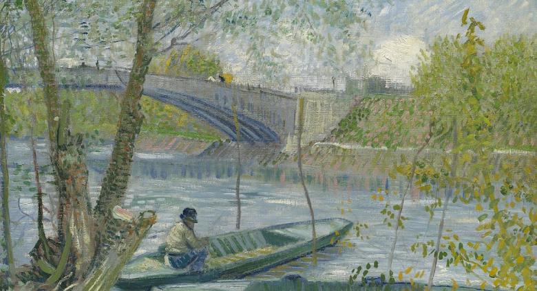 van gogh painting of two small fishing boats on a river in spring with a bridge in the background
