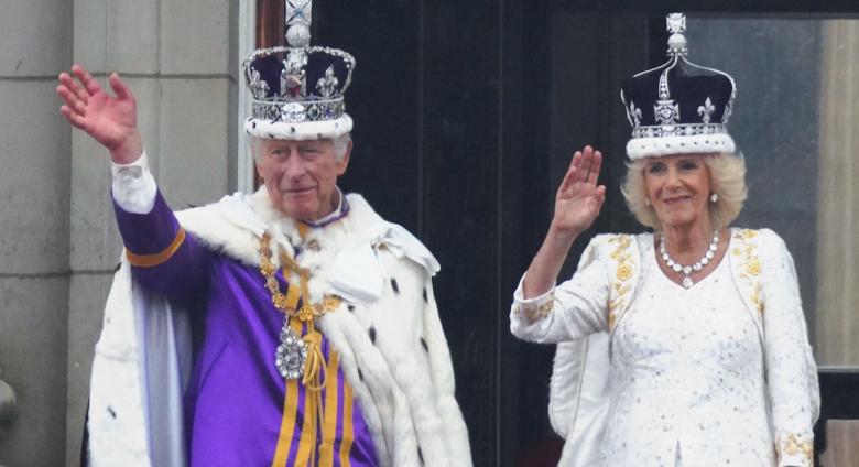 King Charles III and Camilla Waving from Buckingham Palace Balcony