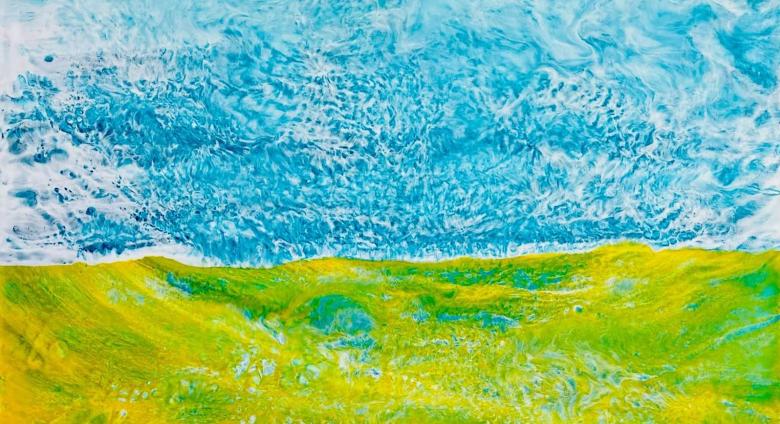Green and blue textured painting that abstractly resembles a cascading valley that runs into a sky.