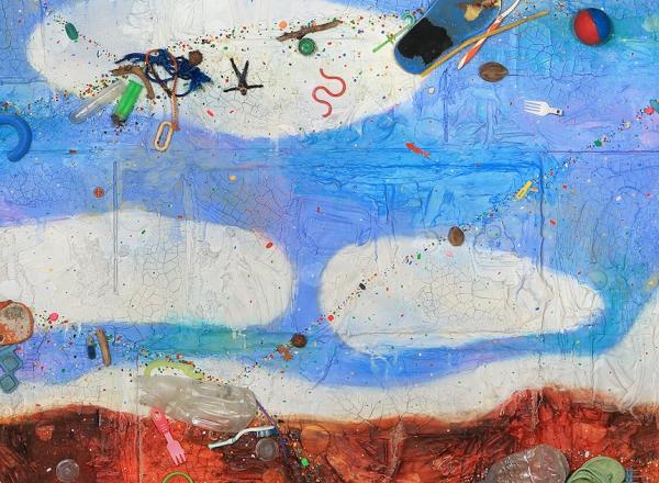 Ashley Bickerton, Round Cloud, 2020. textured, cracking canvas sprinkled with beach debris