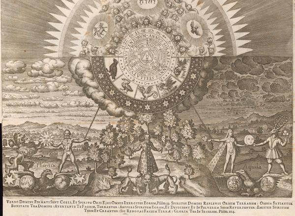 Matthäus Merian the Elder, The Microcosm and the Macrocosm from Musaeum Hermeticum, 1678. Engraving, The Getty Research Institute, Los Angeles, California.