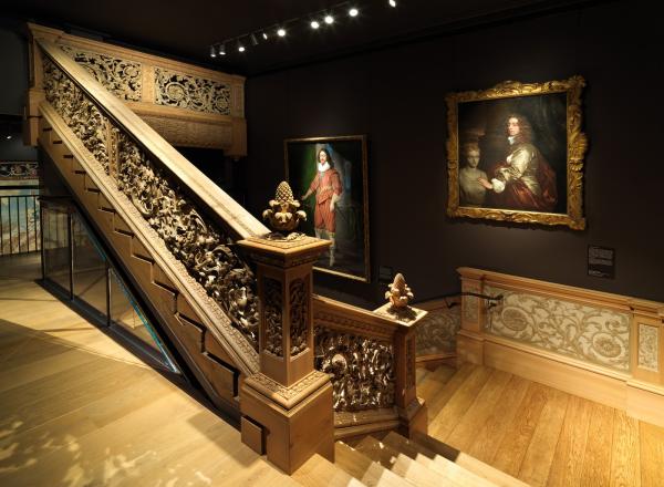 Installation view of The Met’s New British Galleries, 17th Century Gallery, Cassiobury Staircase, February 2020.