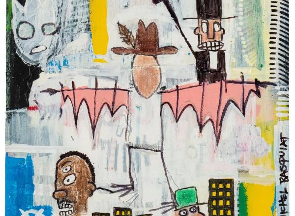 From Thad Mumford’s storage unit, said to be by Basquiat, “Untitled (Self-portrait with his cowboy hat and wearing Leonardo da Vinci’s flying suit),” from 1982 on corrugated cardboard.