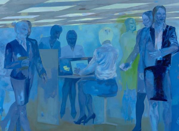 Georgia Gardner Gray, Office Angels, 2023. Oil on canvas, 86 5/8 x 118 1/8 in. Courtesy Regen Projects, Los Angeles 