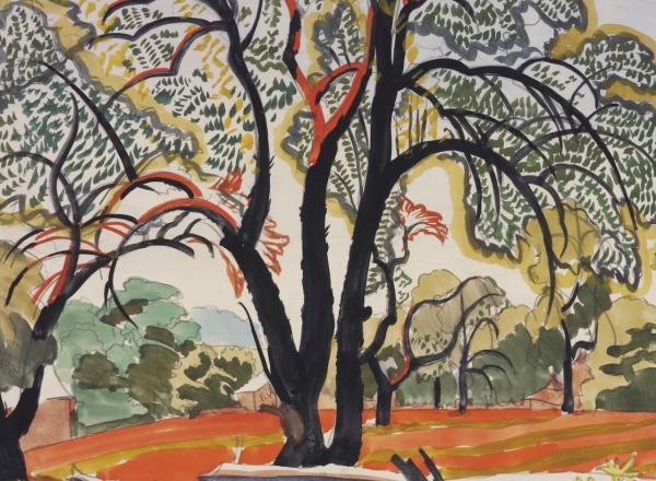 Charles Burchfield (American, 1893–1967), Moon in the Orchard, 1916, transparent and opaque watercolor with graphite on paper. 13 7/8 x 19 7/8 in. Munson Museum of Art, Edward W. Root Bequest, 57.94. 