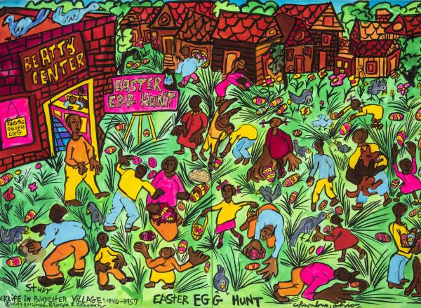 Aminah Brenda Lynn Robinson colorful painting of black children hunting for easter eggs